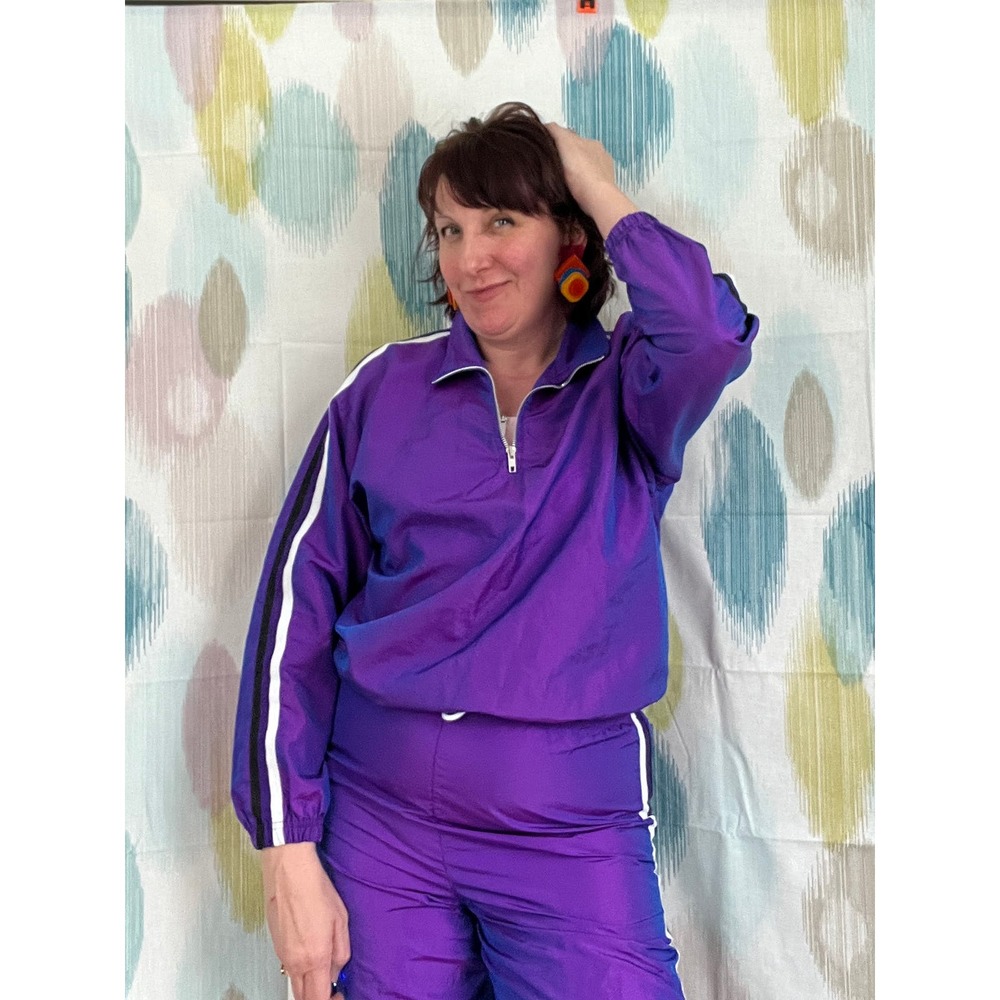 Rad 90s Y2K Womens Purple Track Suit Iridescent Lightweight Two Piece Set Raver